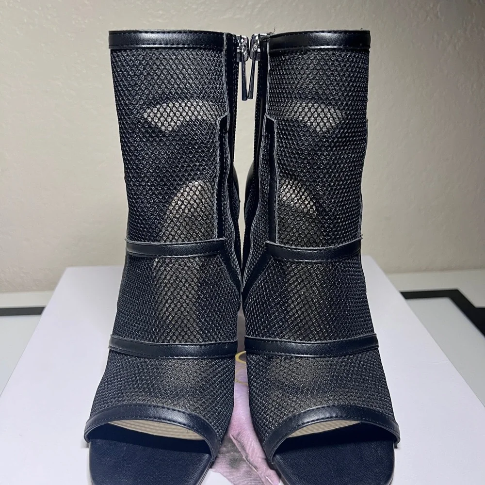 Women's Black Mesh Peep-Toe Stiletto Booties - Picture 2 of 5